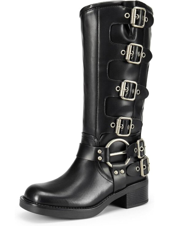 Shoes - Women's Black Faux Leather Adjustable Buckles Low Chunky Heel Knee High Boots